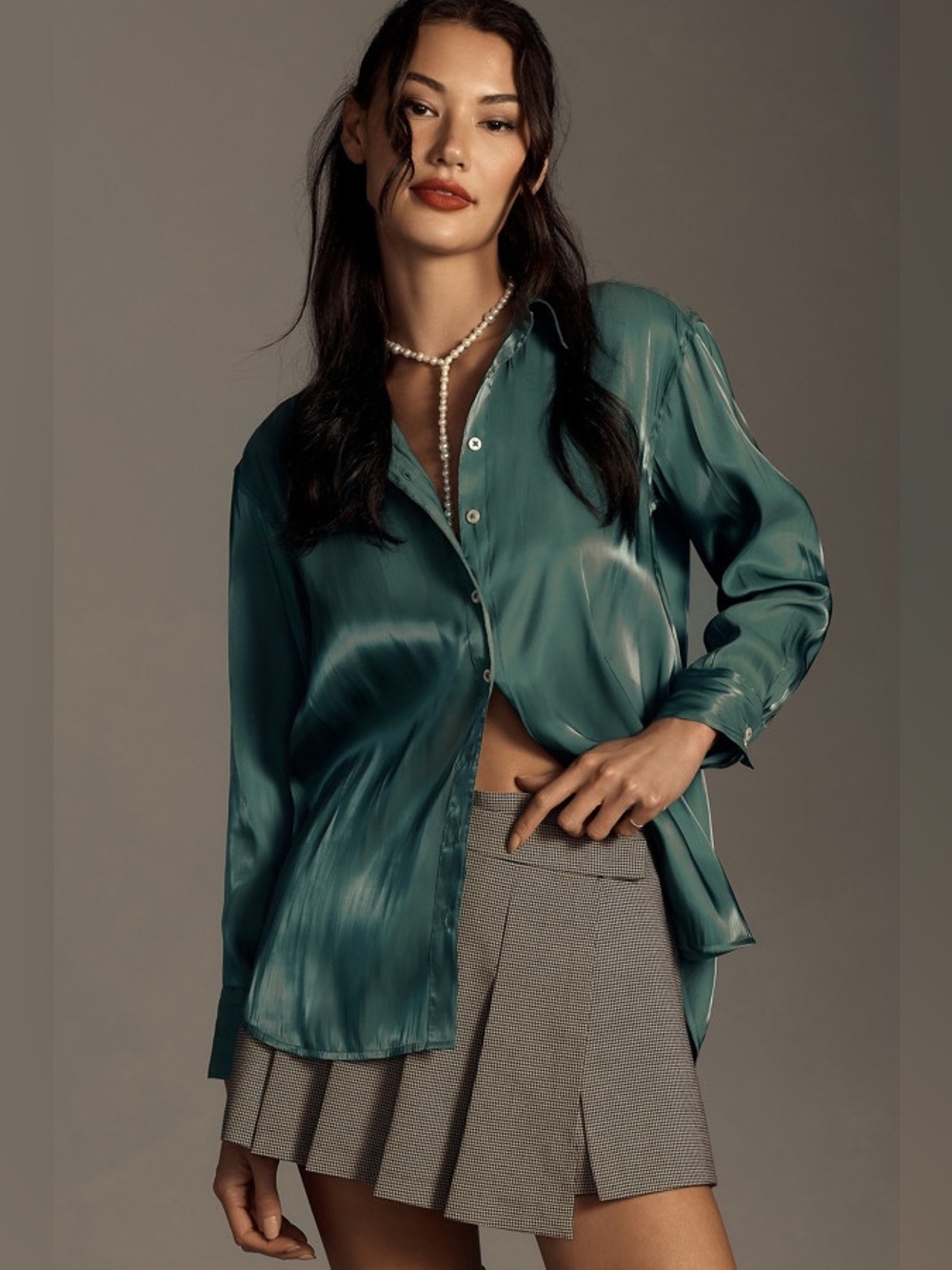 Anthropologie Silky Iridescent Buttondown Shirt Green Womens XL